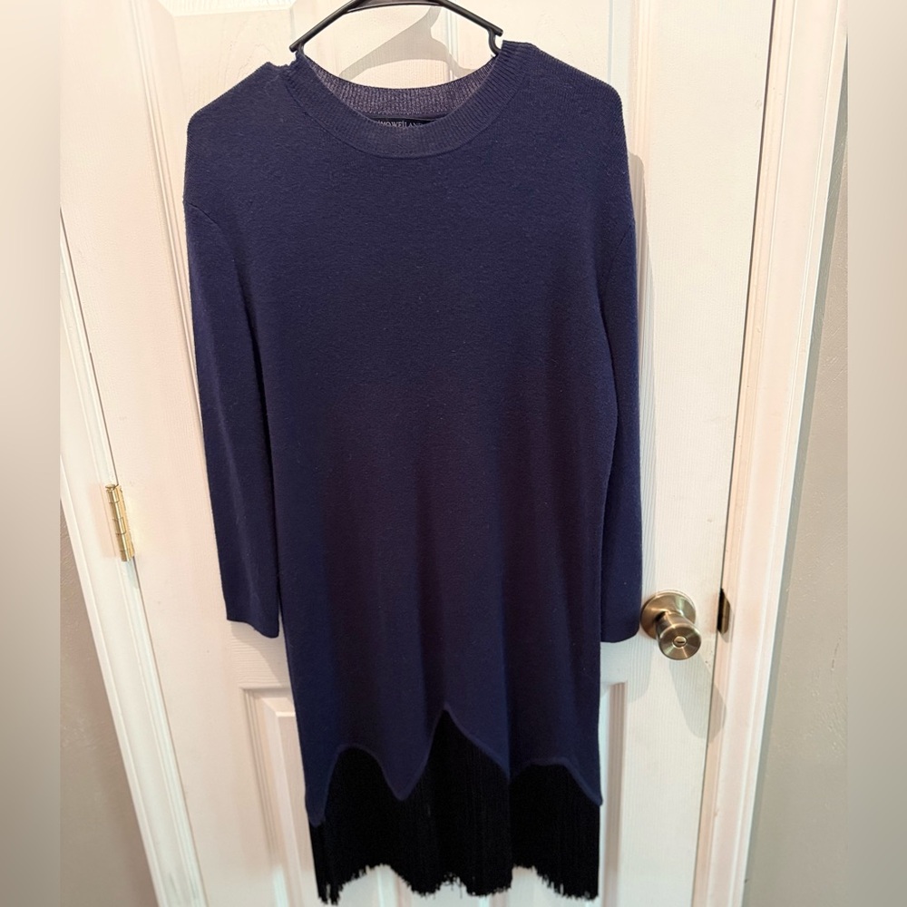 Timo Weiland Navy Black Fringe Sweater Knit Dress XS